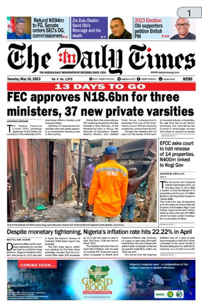 Standard Nigeria🌍🌎🗞️🗞️ on Twitter "TUESDAY MAY 16TH, 2023 NIGERIA