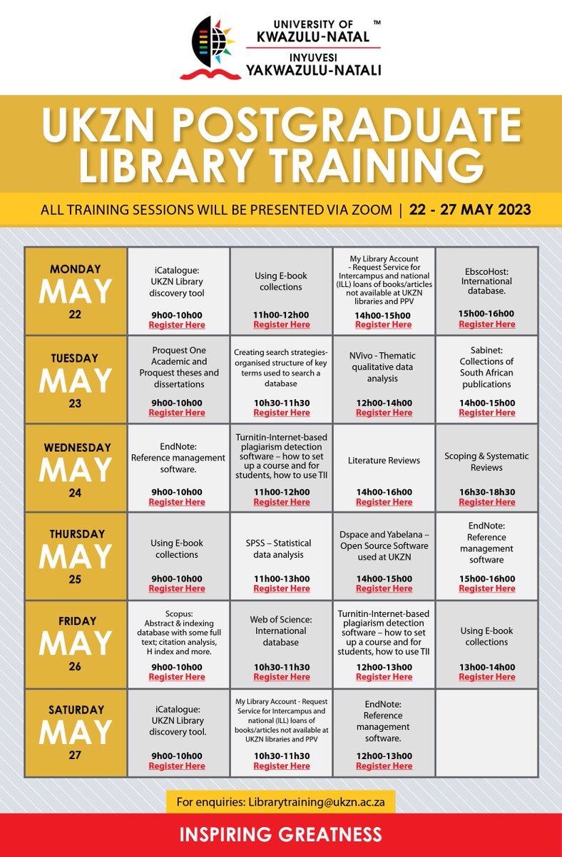 UKZN's tweet photo. Hey UKZN
 
Check out the postgraduate library training dates.
 
All sessions are on the link: https://t.co/qpwix8v6gE

Don't miss it! https://t.co/64stTlF3qr
