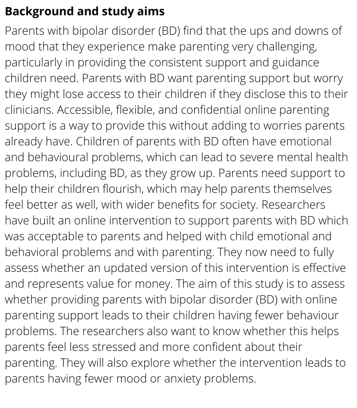 ISRCTN's tweet image. Online integrated bipolar parenting intervention study. The IBPI study registered on #ISRCTN by @IbpiStudy 

isrctn.com/ISRCTN15962574

#clinicaltrials