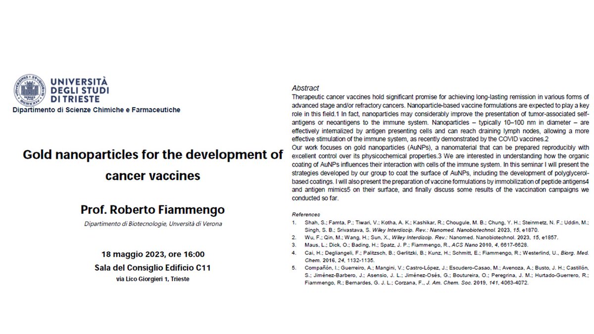 DSCF_UniTS's tweet photo. Meet prof. Roberto Fiammengo @UniVerona at the @DSCF_UniTS. Prof. Fiammengo will talk about “Gold nanoparticles for the development of cancer vaccines”. @UniTrieste #chemistry #seminar https://t.co/0JNbYzvCUE