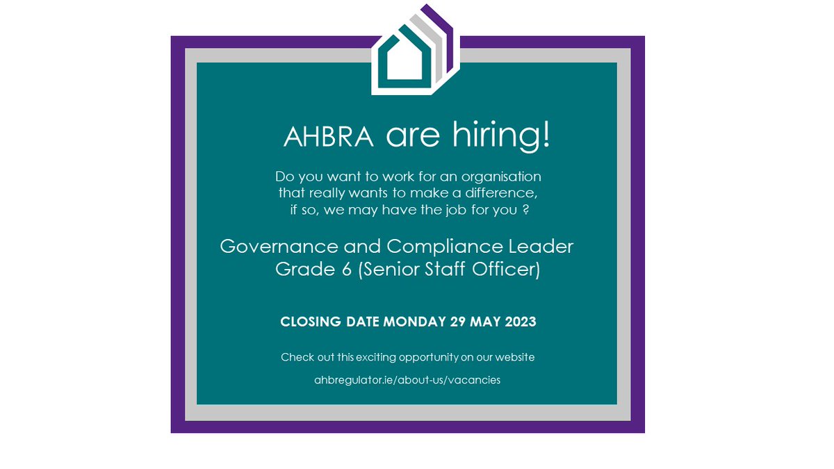 AHBRA are looking for more amazing people to join our dynamic team. We currently have 1 position available, in a hybrid working environment. 

We are a young, vibrant, and growing organisation, making a difference in the social housing sector

ahbregulator.ie/about-us/vacan…
