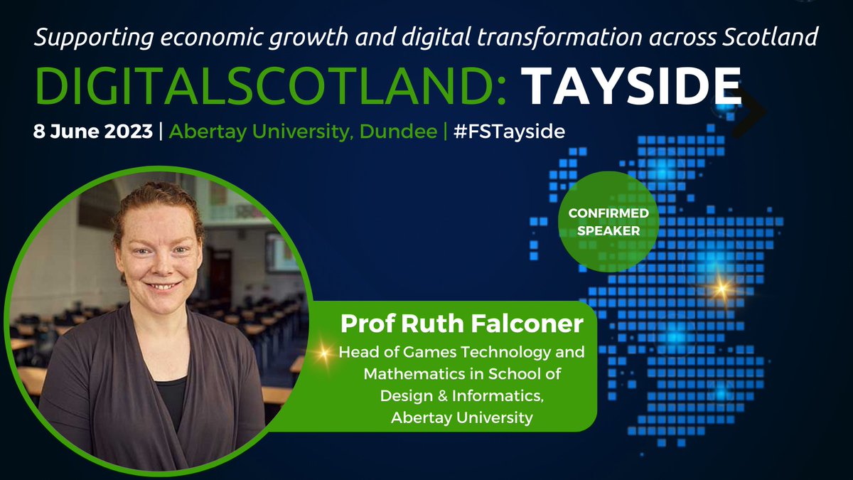 🚨 #FSTayside Speaker Announcement

We are thrilled to announce that Professor <a href="/ruthEfalconer/">Ruth Falconer</a>, Head of Games Technology and Mathematics in School of Design &amp; Informatics at <a href="/AbertayUni/">Abertay University</a> will be speaking at DigitalScotland: Tayside

Click here to register ➡️lnkd.in/eZcBHJqp