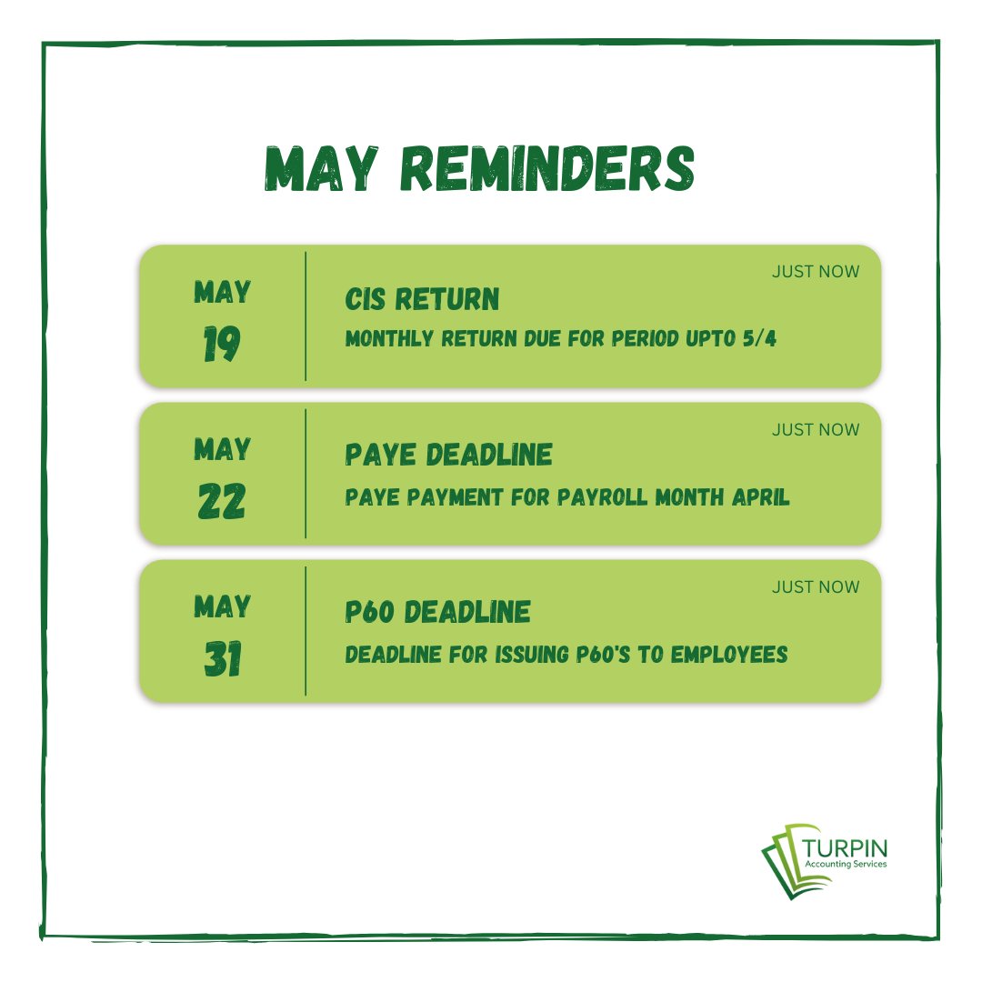 💡 May Payroll Reminders 💡

⚡ Don't forget to pay your PAYE under your Accounts Office Reference number followed by '01' for the April PAYE Payment. This helps HMRC allocate the payment to the correct month on their system ⚡