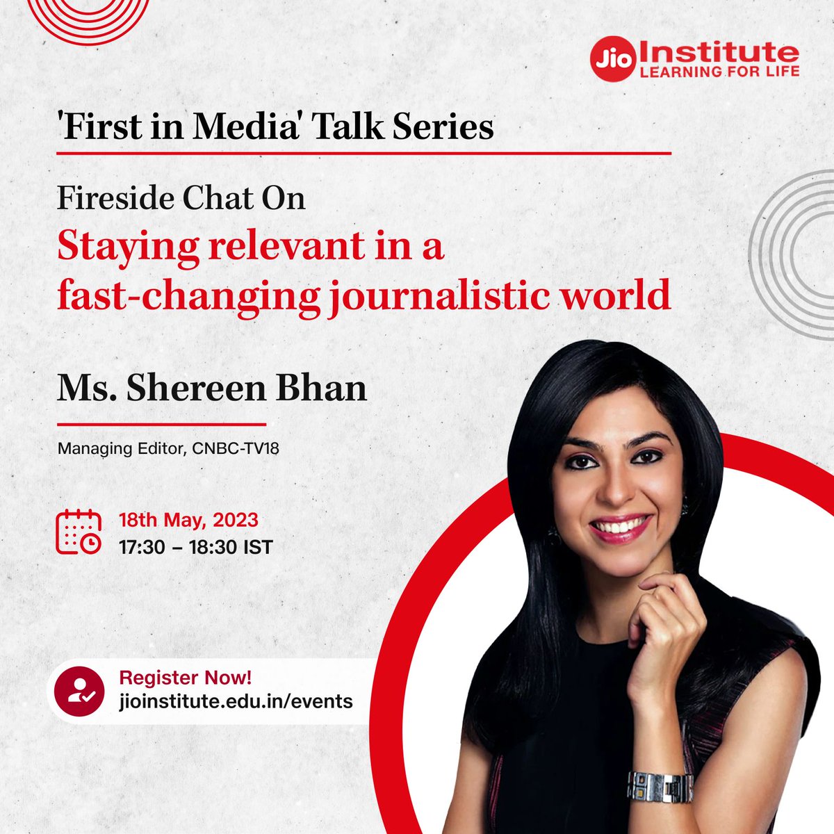Fireside chat on 'Staying relevant in a fast-changing journalistic world' Join this session with @ShereenBhan, Managing Editor - @CNBCTV18News on 18th May from 5:30 – 6:30 PM Click here to register for the event: bit.ly/3OvDBL5