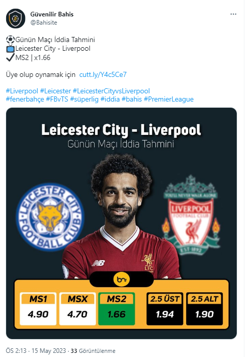 Bahisite's tweet photo. ⚽Günün Maçı İddia Tahmini Tutmuştur✔️

Üye olup oynamak için  https://t.co/oUwuH2k0ap 

#Liverpool #Leicester #LeicesterCityvsLiverpool #fenerbahçe #FBvTS #süperlig #iddia #bahis #PremierLeague https://t.co/yCSGzZN92E