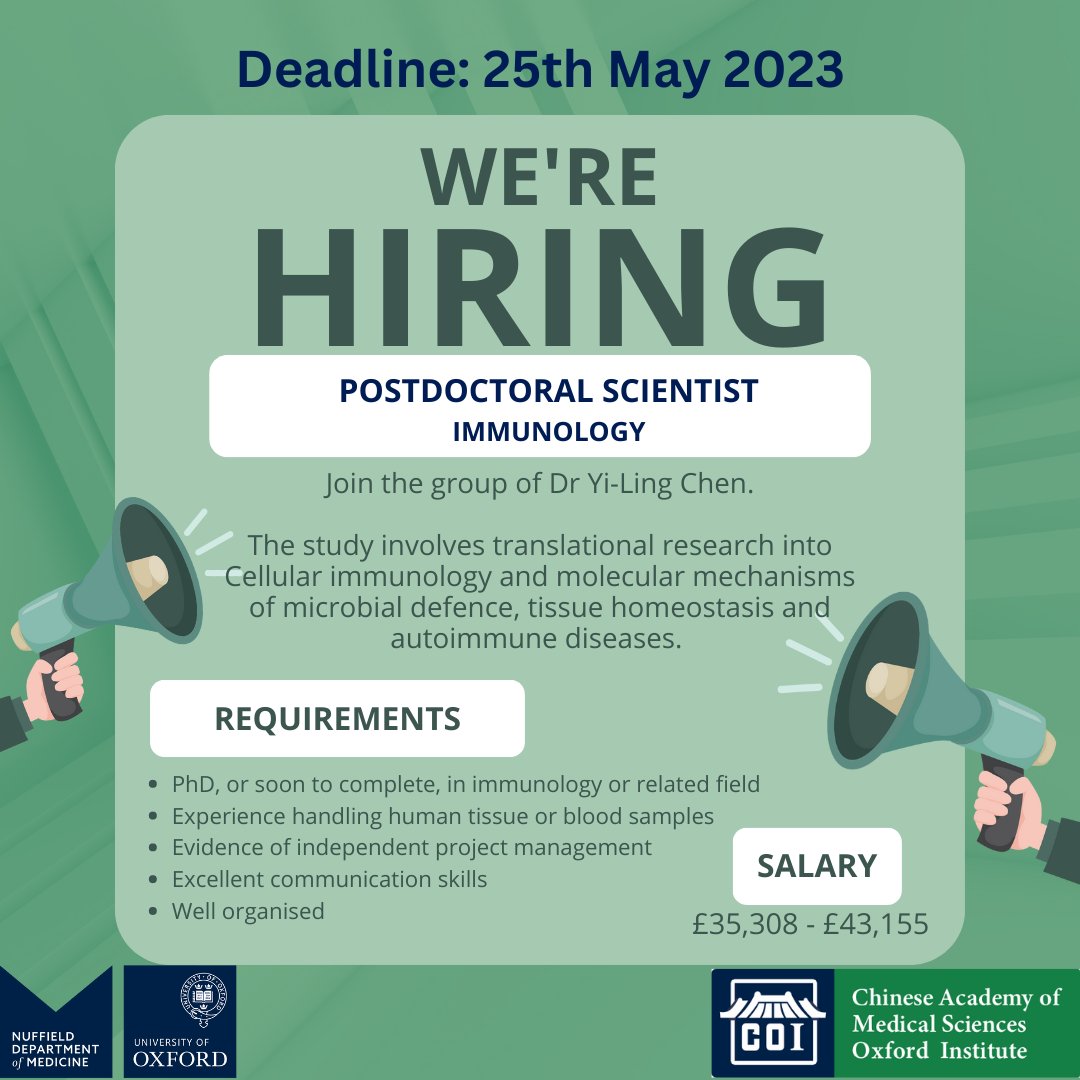 #JobAlert Come and work with one of our newest CDFs, Dr Yi-Ling Chen (camsoxford.ox.ac.uk/Team/yi-ling-c…), as a postdoctoral research scientist working on CD1-restricted T cells in post-bacterial autoimmune sequelae #AcademicJobs #PostdocJobs #OxfordJobs
Apply here: camsoxford.ox.ac.uk/Work/jobs