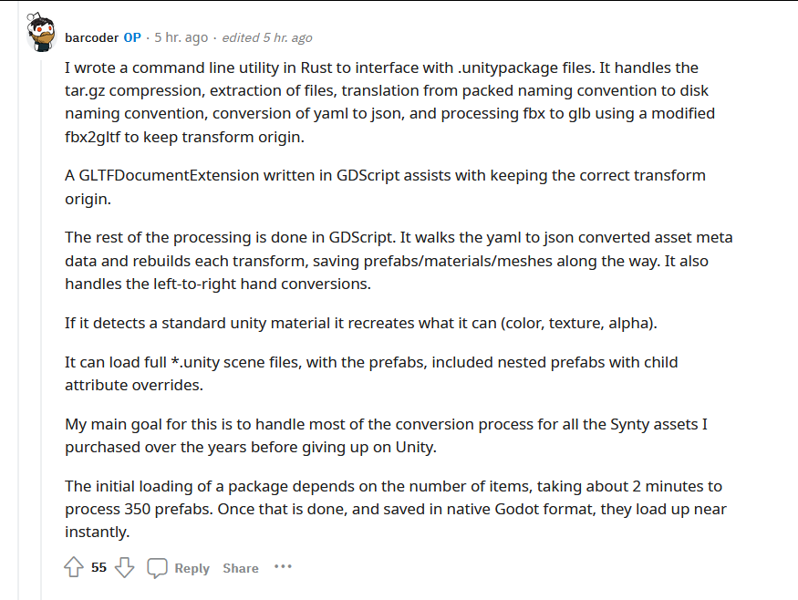 "Load UnityPackage" - This is probably the most important tool to be ever launched to Godot so far.

It even converts Unity prefabs and scenes to Godot scenes.

It brings 1000s of #Unity3D assets to #GodotEngine ("just import the FBXs" is not the answer)