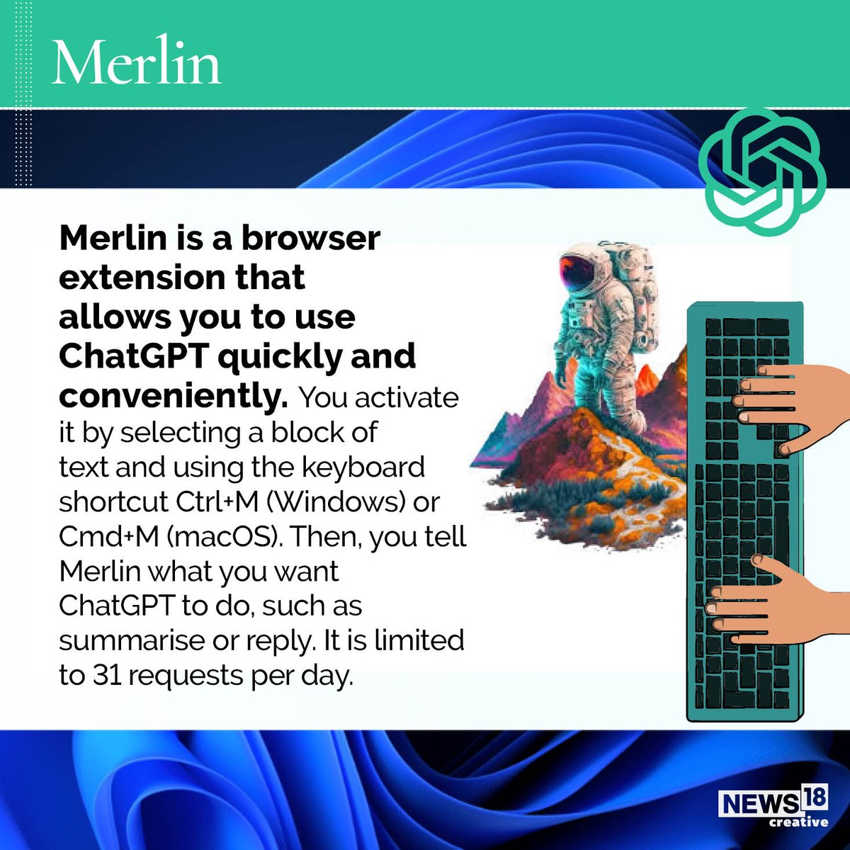 CNBCTV18News's tweet photo. Make ChatGPT work for you with these browser extensions
#chatgpt #browsers #artificialintelligence #technology #google #merlin #webchat #writingmate #openai #webbrowser #promptheus #chatbot https://t.co/B6RHxpIf0b