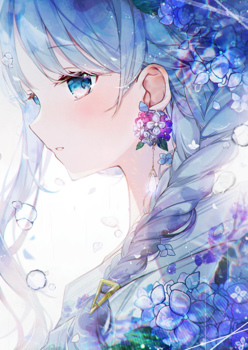 1girl solo flower braid hydrangea blue eyes earrings  illustration images