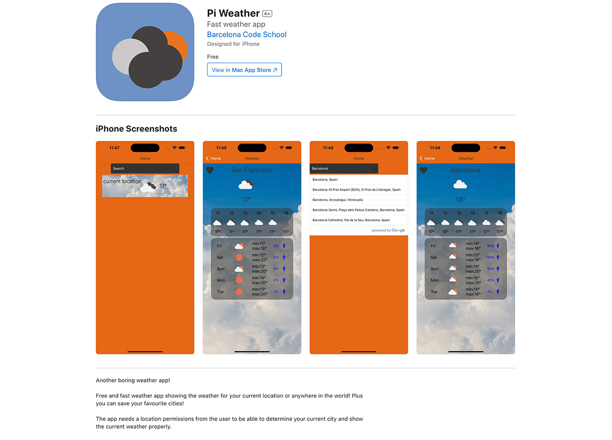 BCNcodeschool's tweet image. Pi Weather app is accepted to AppStore, coded by Pia Hildebrandt, yoo-hoo, congratulations Pia! Now you will know your weather anywhere in the world!
Get it from the AppStore: apps.apple.com/us/app/pi-weat…
#codingbootcamp #programmingbootcamp #webdevelopmentbootcamp