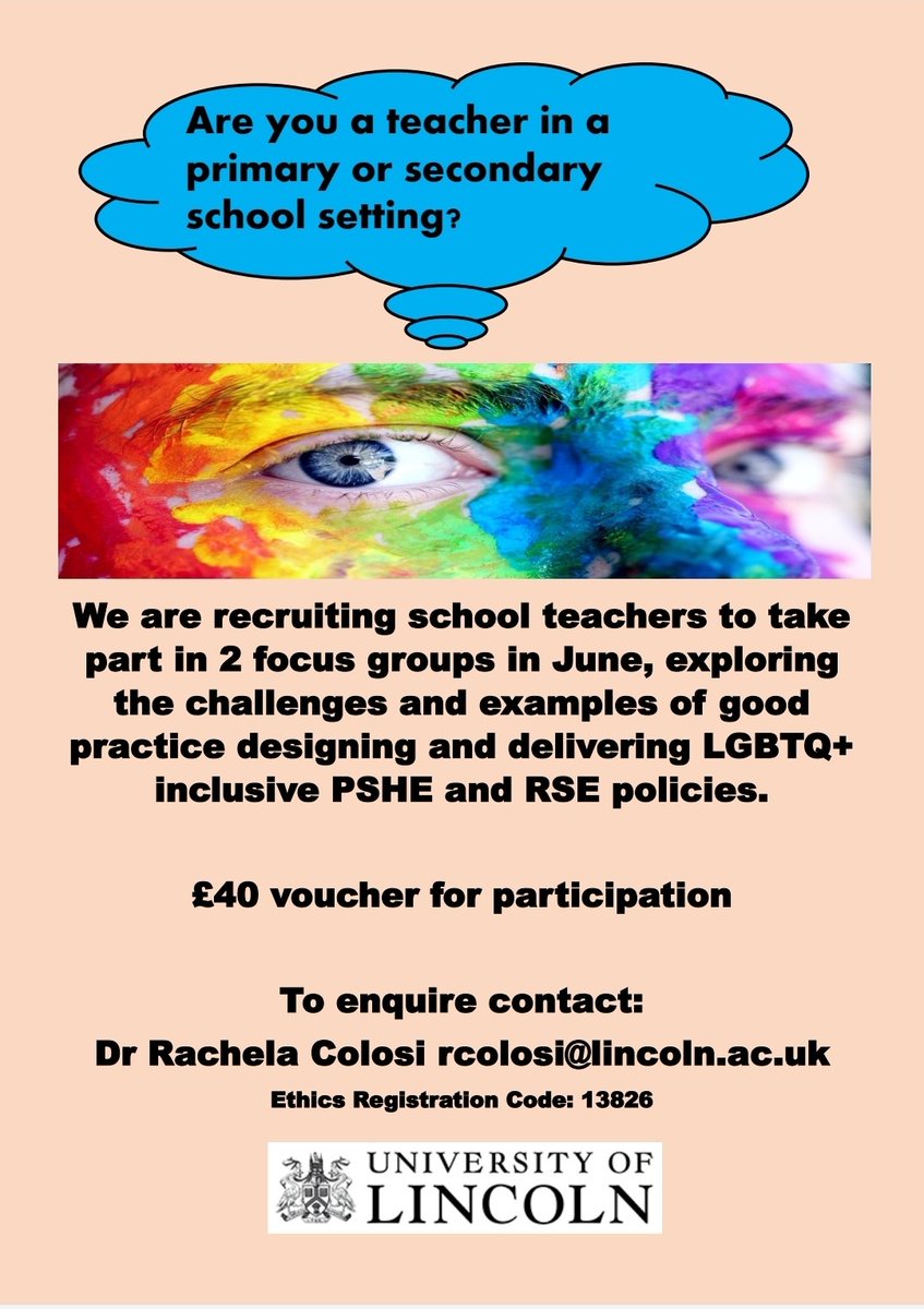 OnlineLgbtq's tweet photo. We are looking for teachers working in primary and secondary schools to take part in a University of Lincoln study, exploring the experiences of designing and delivering LGBTQ+ inclusive PSHE/RSE policies.
Please get in touch for more information. https://t.co/SbbqY9EKHC