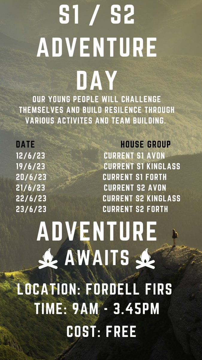 We are super excited to announce that ALL of @Boness_Academy S1 /S2 pupils will experince an Adventure Day. Full detials will be sent home today with a link to the consent form. Get this returned ASAP. #Aspiration #Motivation #Respect