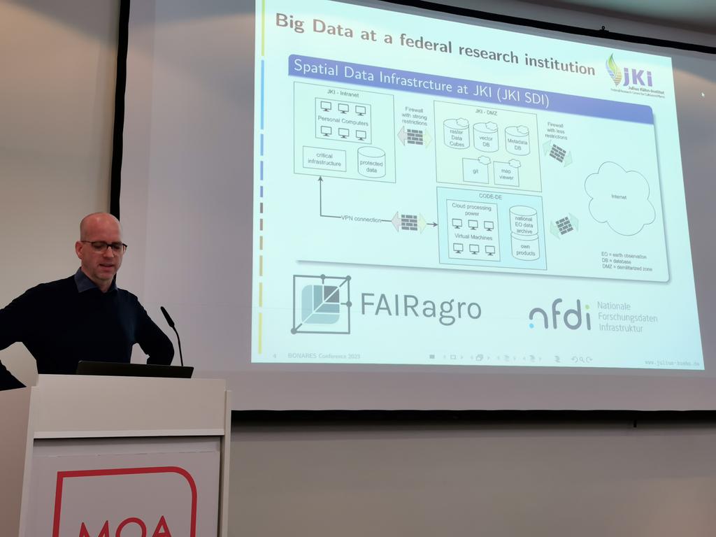 FAIR_agro's tweet photo. Markus Möller from @JKI_Bund describes modern management of spatial  Big Data at the #BonaRes23 and refers to the next level of implementation within FAIRagro. #NFDIrocks _ch https://t.co/yC34S5Ixy5