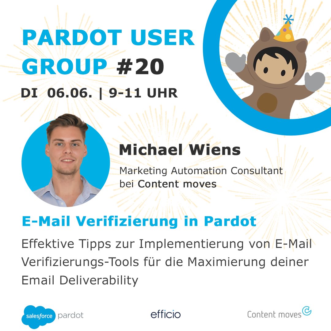 Freu dich auf unsere Jubiläums #PardotUserGroup #20 am 6. Juni von 9-11 Uhr 🤩💙
Unser erster Speaker Michael Wiens präsentiert dir effektive Tipps zur Implementierung von E-mail Verifizierungs-Tools und wie du damit deine Email Deliverability maximierst. 
hubs.ly/Q01P-P_B0