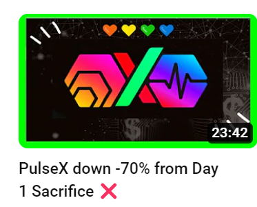 yourfriendSOMMI's tweet photo. ❤💛💚💙

*NEW VIDEO*

#PulseX is down -70% from Sacrifice ❌

Discussion on $HEX, $PLS, $PLSX and more that you need to know 

Watch ⬇️⬇️⬇️
https://t.co/UftgG26EXH https://t.co/gf6jncRbU5