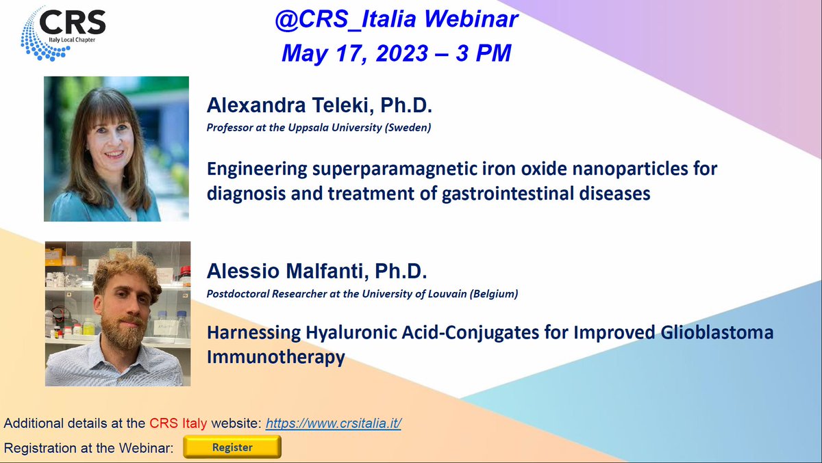Webinar alert 🚨🖥️! Join us tomorrow at 3.00 PM for the second <a href="/CRS_Italia/">CRS Italy Local Chapter</a> webinar of this year. We look forward to the talks of @AlexandraTeleki 🇸🇪and Alessio Malfanti🇧🇪. Register here: unipd.zoom.us/meeting/regist……
<a href="/CRSNordicLocal/">CRS Nordic Local Chapter</a>
<a href="/CRSBeNeLuxFr/">CRS BeNeLux & France Local Chapter</a>
<a href="/CRSScience/">Controlled Release Society</a>
<a href="/CRS_YSC/">Young Scientist Committee YSC-CRS</a>