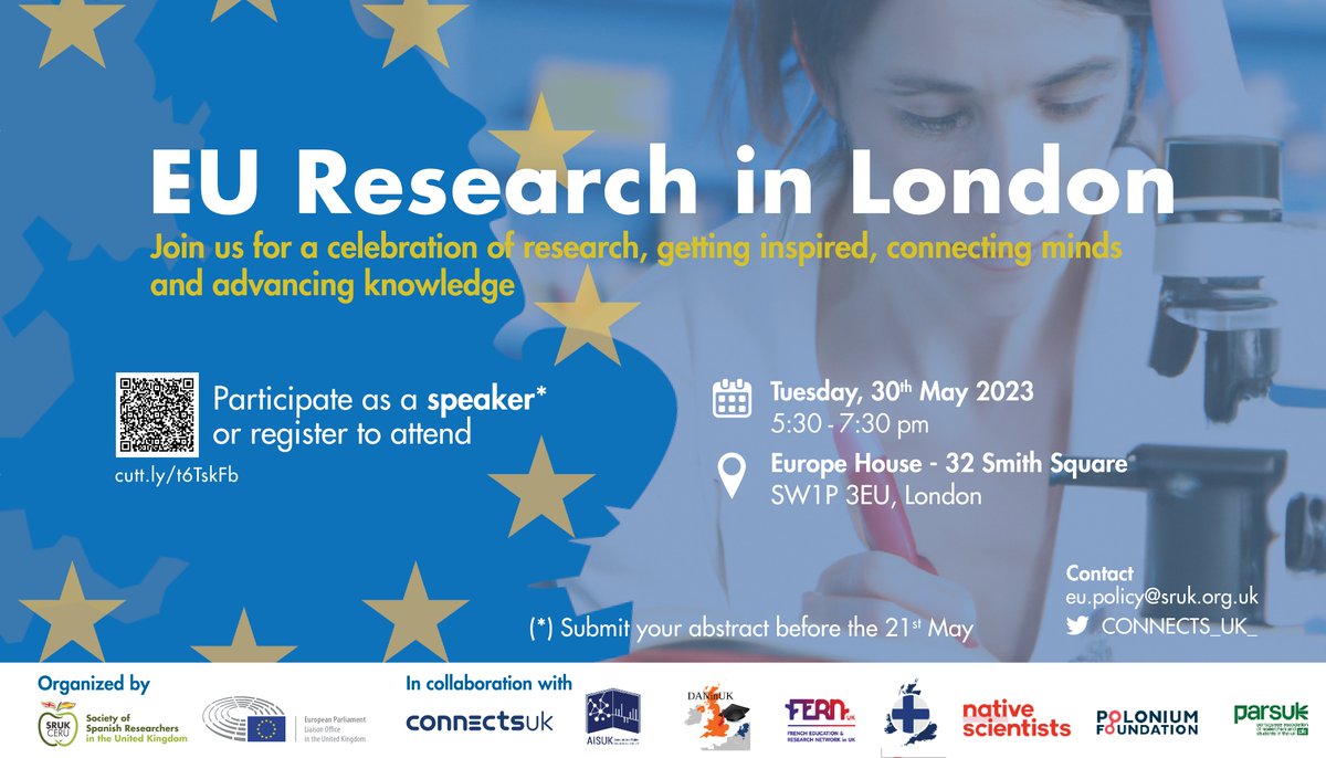 CONNECTS_UK_'s tweet photo. 📢 EU research in London event!
🗓️ 30th May📍Europe House (London)

If you want to meet EU researchers working in London and learn about their work you should join us for this event!

You can also volunteer for presenting your own research!

Registration: https://t.co/ozTibnSdNG https://t.co/1D8bAWMajq