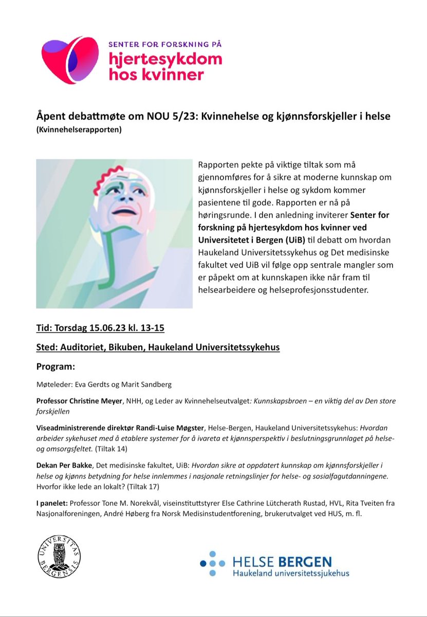 Senter for forskning på hjertesykdom hos kvinner @FemaleheartB arrangerer debattmøte om hvordan vi skal sikre at moderne kunnskap om kjønnsforskjeller i helse implementeres i utdanning og helsevesen. Møtet er åpent for alle interesserte. Kom og delta! @medofak_uib <a href="/haukeland_no/">Haukeland</a>