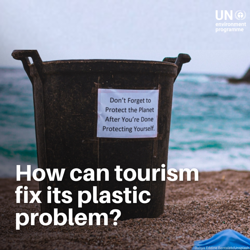 UNEP's tweet photo. Tourism fuels the plastic pollution crisis, with 8 million tonnes entering our oceans every year.

Ahead of #WorldEnvironmentDay, discover how the Global Tourism Plastics Initiative brings the entire sector together to #BeatPlasticPollution.