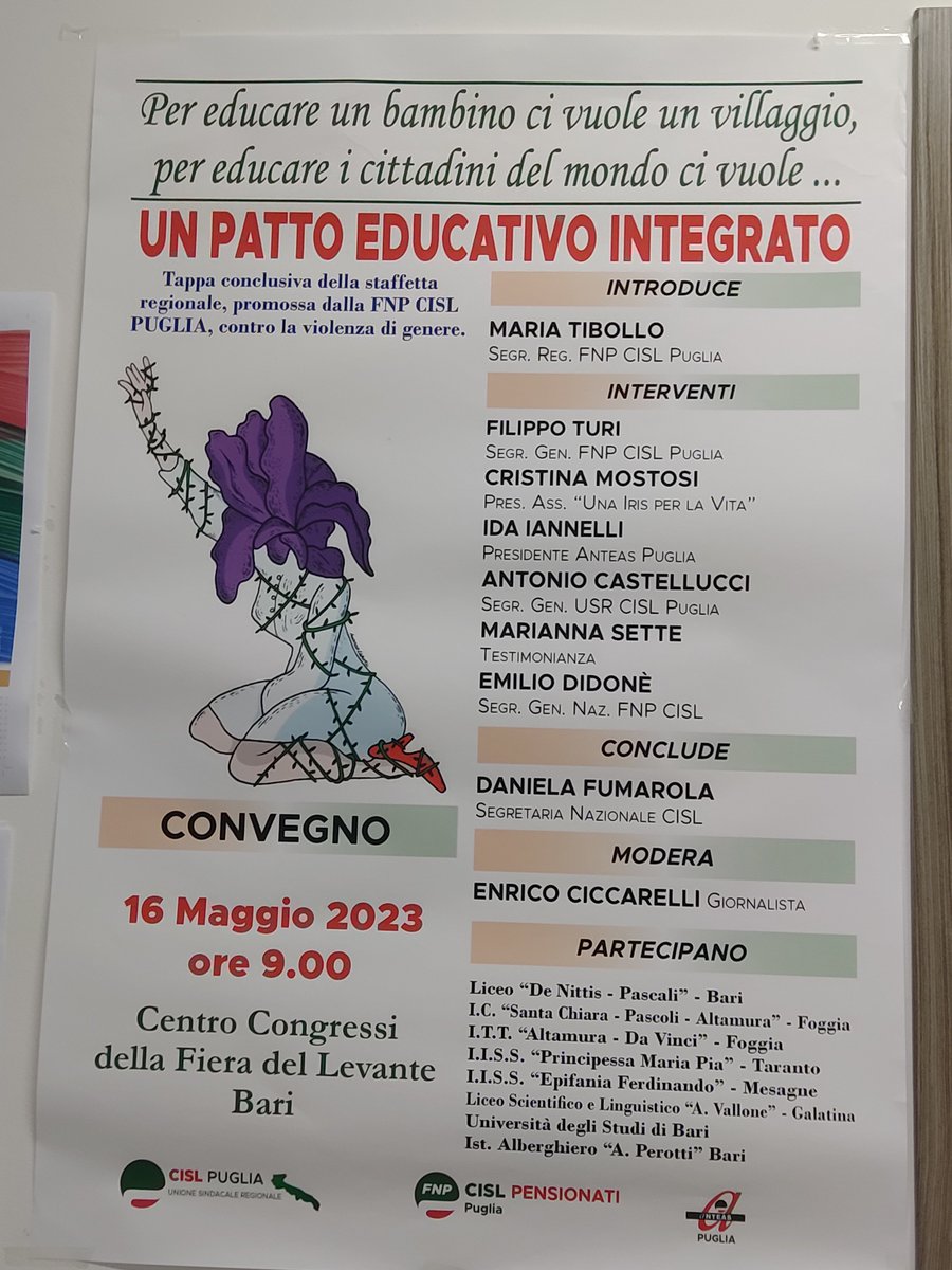 Oggi, #16maggio al Centro Congressi della #FieradelLevante di Bari si conclude il ciclo delle staffette regionali contro la #ViolenzadiGenere promosse dalla @fnpcislpuglia1, dalla @CislPuglia e dall'#ANTEAS regionale. @FnpCisl 
@CislTaBr