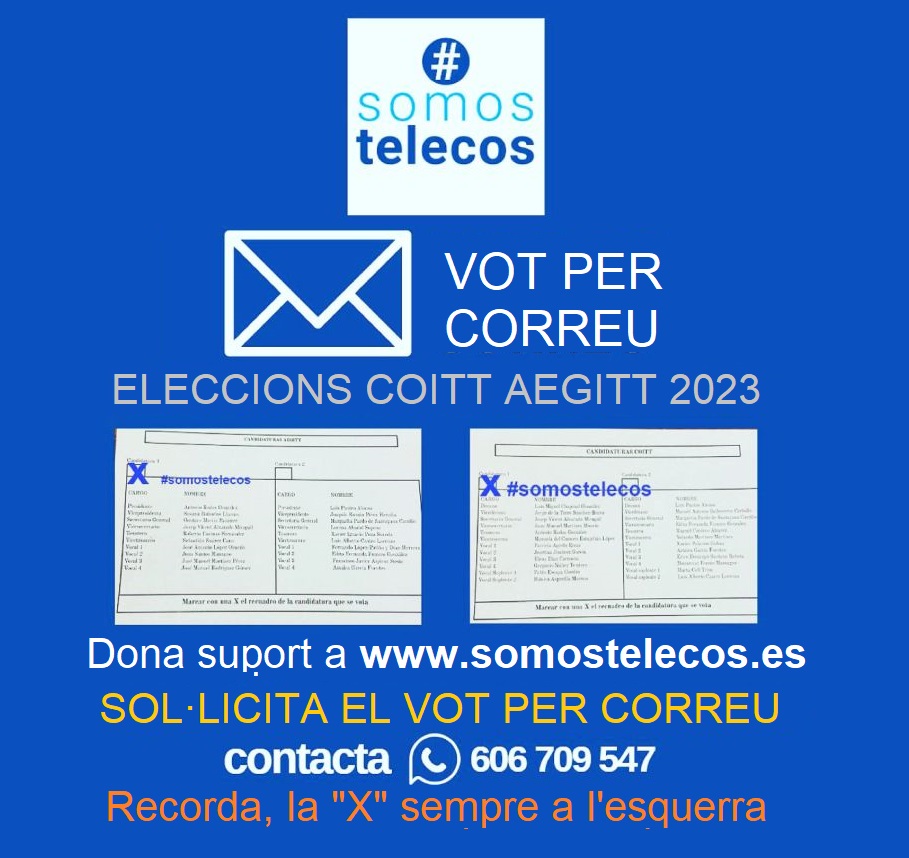 JosepVAlvarado's tweet photo. Companyes i companys Enginyers/es tècnics de Teleco, encara esteu a temps de demanar el vot per correu.
#COITT #AEGITT #COETTC #COGITCV https://t.co/cA9oW5Iz3M