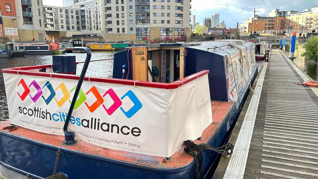 scottishcities's tweet photo. And that’s #UKReiiF2023 underway and our canal boat is ready to welcome you. 

We have the the last few booking slots remaining if you would like to meet to discuss the opportunities available across Scotland’s cities. https://t.co/KAVVcpcgBe