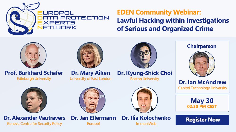 JanEllermann's tweet photo. Very much looking forward to participating in this webinar feat. Ilia Kolochenko, Mary Aiken, Kyung-Shick Choi, Alexandre Vautravers and Burkhard Schäfer organized by the EDEN community. #dataprotection #lawenforcement #freedom #security. Registration link in comments :) https://t.co/yVFaXIsj7X