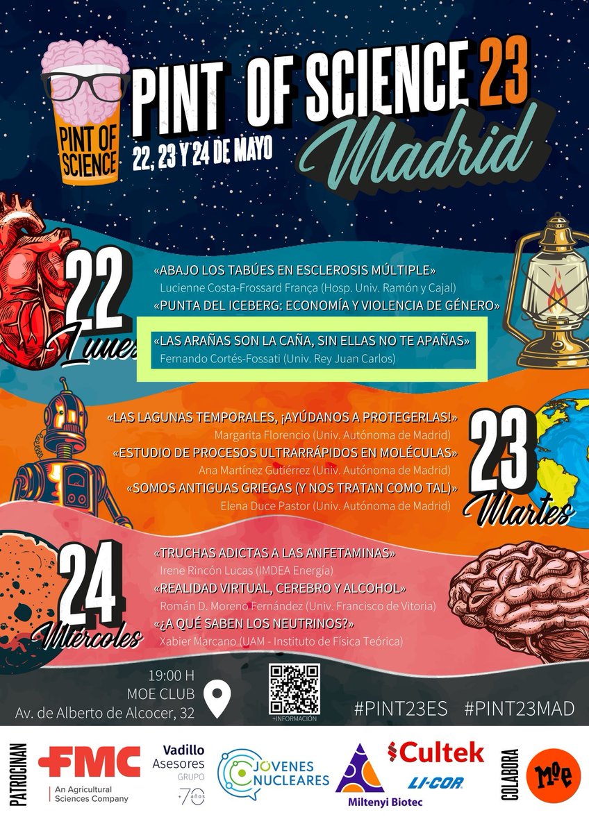fercfossati's tweet image. Mira!! Quedan solo 6 DÍAS para uno de los eventos de divulgación del año. En #Pint23ES  te cuento el día 22 a partir de las 19:00 en @MOECLUB Avda. Alberto Alcocer por qué estás aquí gracias a unos #animales: las #arañas. Si te gusta la #biologia, #naturaleza y #ciencia ya sabes!