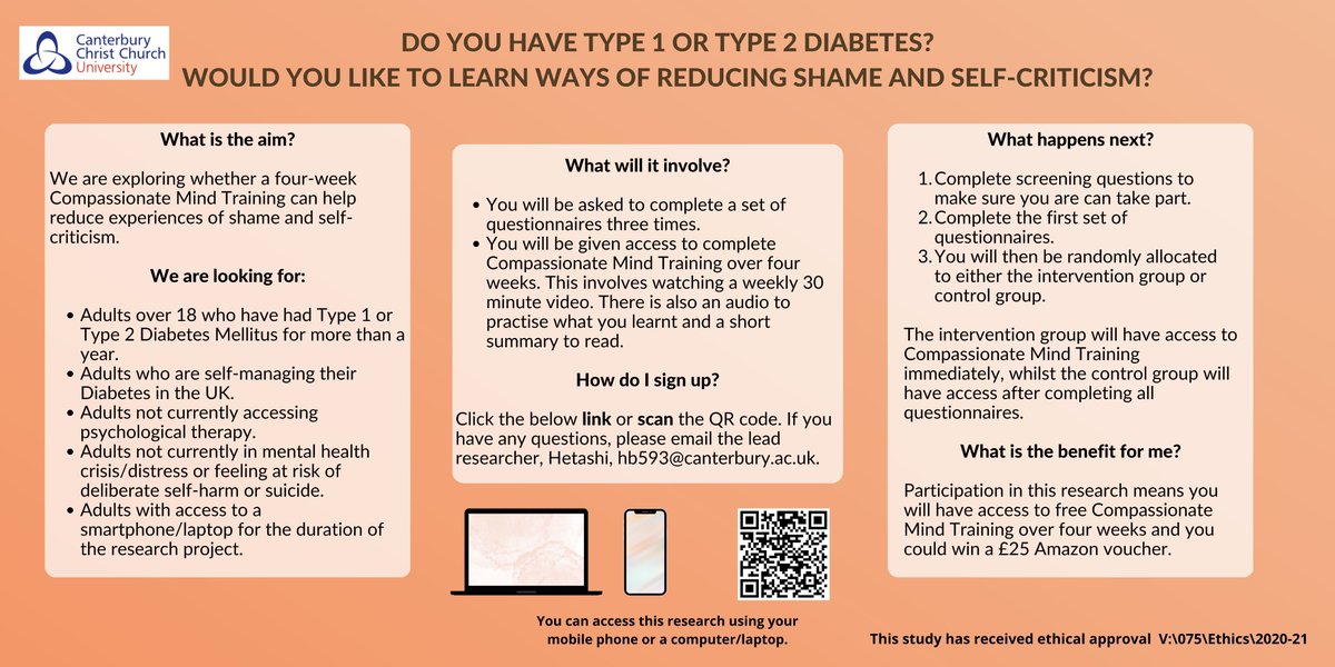 Are you living with #type1diabetes or #type2diabetes?

Researchers at <a href="/CanterburyCCUni/">Canterbury Christ Church University</a>, Salomons Institute of Applied Psychology, are exploring if a four-week Compassionate Mind Training programme can help with #wellbeing and managing diabetes.

Read more: diabetes.org.uk/research/take-…