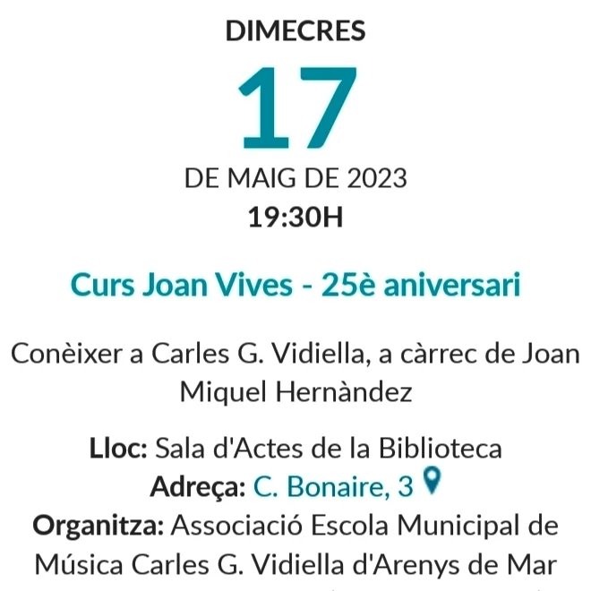 DuoNexus's tweet photo. Aquest dimecres 17 de maig ens aproximarem a la figura del gran pianista i pedagog del piano Carles G. Vidiella
"Conèixer a Carles G. Vidiella"
@DuoNexus @BiblioArenysMar @cedocpalau https://t.co/390ytDQTax