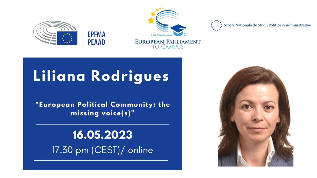 Europarl_FMA's tweet photo. 🗣️Today, former MEP @Liliana_c_rodri will give an online lecture on “European Political Community : the missing voice (s)" at @SNSPA_oficial in Romania

🇪🇺 As part of our #EPtoCampusProgramme

👉More info at the following link: https://t.co/WPWWdQS4Ju https://t.co/nuBsvXZw4N