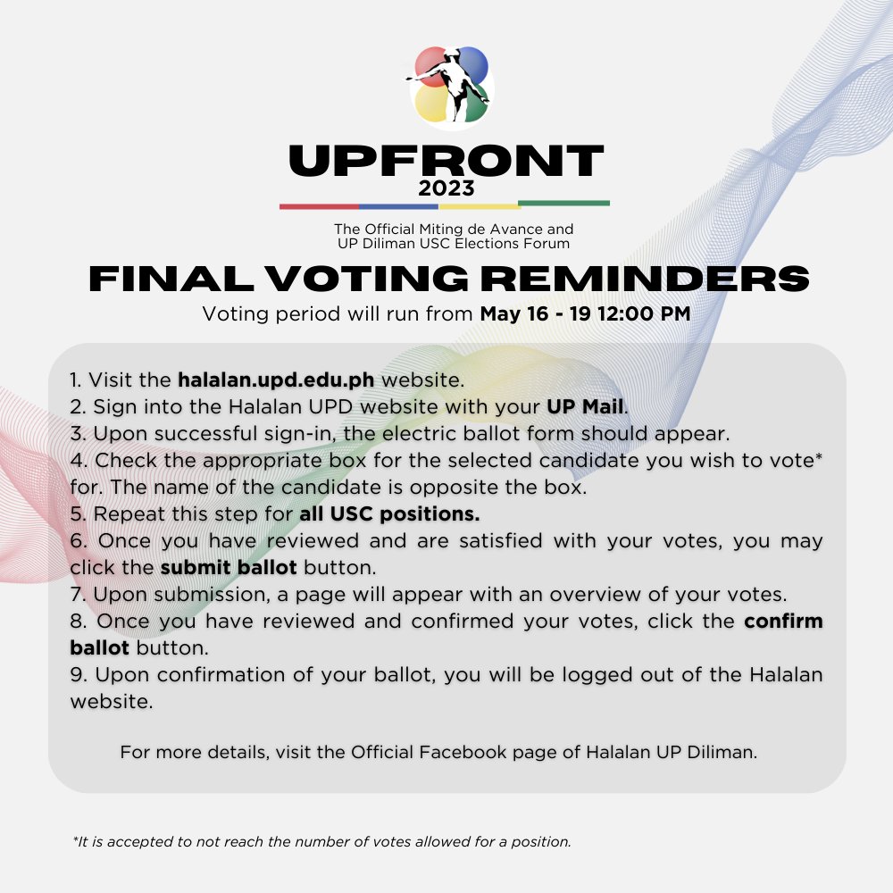 UPFrontUPD's tweet photo. Let your voice be heard!

Exercise your right to vote this #HalalanUPD2023 

Magkaisa, Magsama, at Magtipon.

#UPFront2023
#HalalanUPD2023 https://t.co/eptVzttdMr