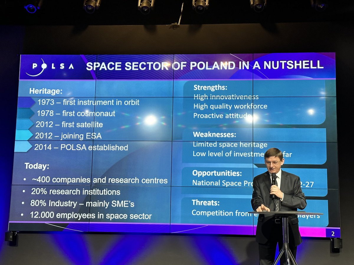SpaceWatchGL's tweet photo. @POLSA_GOV_PL President Grzegorz Wrochna explains “Polands Shortcuts to space” at #mnss2023. “Billions (benefits) for Millions (invest)” a very heavy statement- a comparison space and internet. @TKriening @timmermansr @NirmaSuper https://t.co/YnUoC5tXZI
