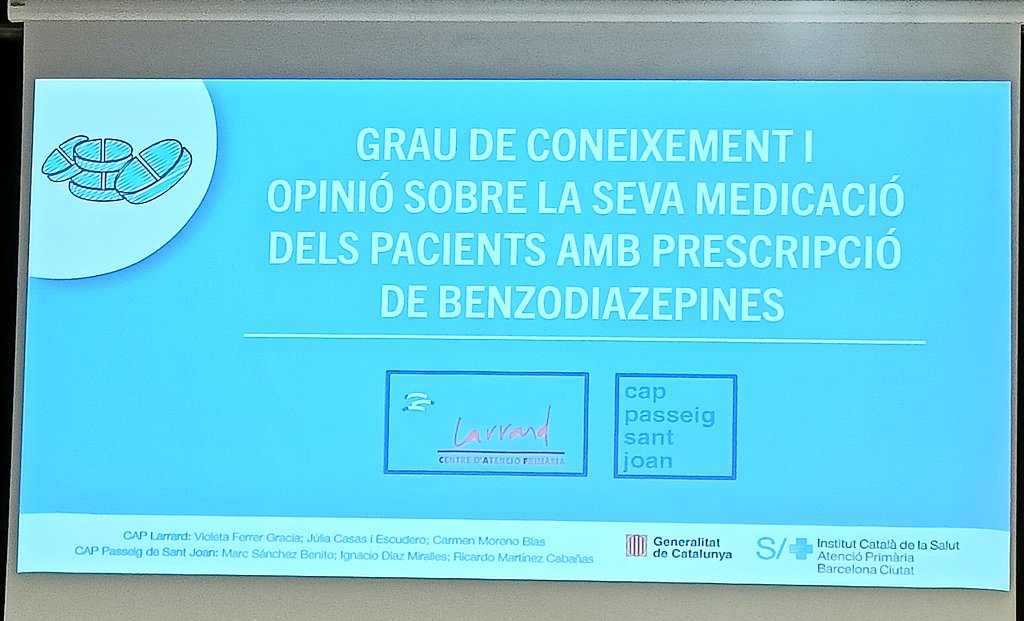 aperebrat's tweet photo. ▶️ Treball de recerca de fi de residència de les R4 #CAPLarrard. Els pacients no coneixen els efectes adversos de les #benzodiacepines 💊, no senten gaire necessitat de prendre-les i estarien disposats a deixar-les si la seva MF els ho proposa. #APResidentsBCN https://t.co/d2KnjpzBxl