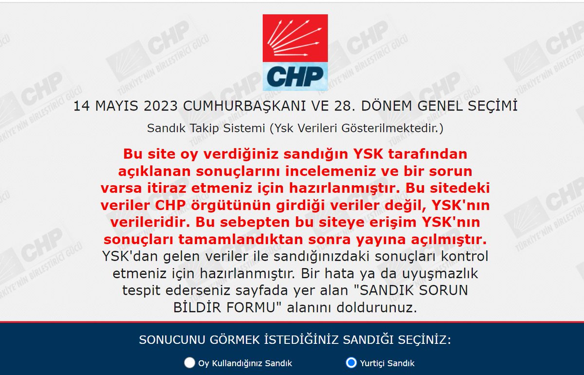 Bismil olayından sonra CHP'nin kurduğu sandık takip sistemine yeni bir açıklama girdi. Daha açıklayıcı oldu.
Yani bu demek oluyor ki yanlış Bismil sonuçları CHP tarafından girilmemiş. YSK yanlış sonuç vermiş. Herkes siteden kontrol etsin sandığını varsa hata itiraz etsin.