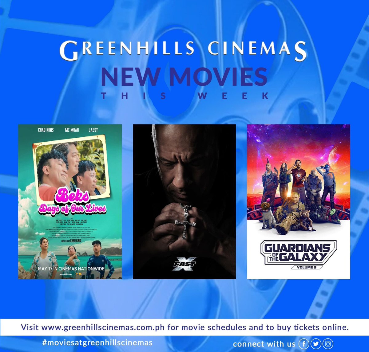 ghcinemasph's tweet photo. MOVIE UPDATE: May 17, 2023
Cinema 3 
BEKS DAY OF OUR LIVES // FAXT X 
2:00 , 4:10 // 6:20 , 9:15 
PG // PG 
Cinema 6 
GUARDIANS OF THE GALAXY VOLUME 3 
1:10 , 4:10 , 7:10 , 10:00 
PG 
 
Cinema 7 
FAST X 
12:00 , 2:55 , 5:50 , 8:45 
PG 
 
Cinema 8 
FAST X 
1:00 , 3:55 , 10:00 
PG https://t.co/7KyybiCYGJ