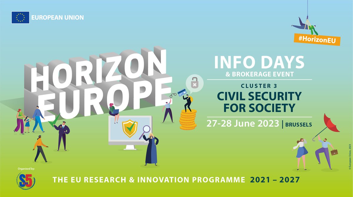 SEREN5_HEU's tweet photo. 📢 #HorizonEU Cluster 3 Infoday and Brokerage Event
📅 27-28 June 2023 - hybrid event: both in Brussels and streamed on line🌐
Event organized by #SEREN5, in close cooperation with @EUHomeAffairs and @REA_research 🇪🇺
Info & Registration here: https://t.co/JYwIllSuaF https://t.co/AzTEQuKiOr