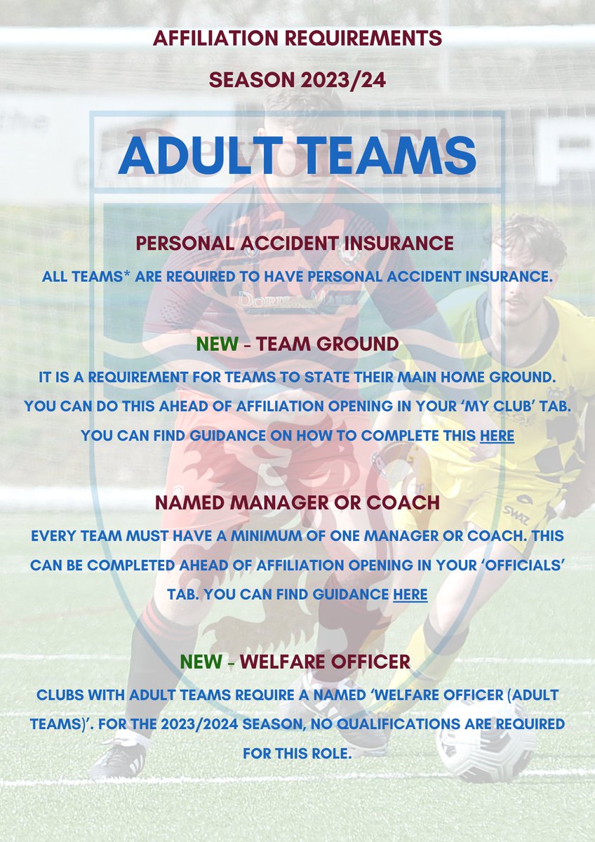 All Adult teams affiliating for the 2023/24 season will need the following in place in order to affiliate ⬇️

Read more information on affiliations here 👉 bit.ly/3BsBMXy

#DevonFootball