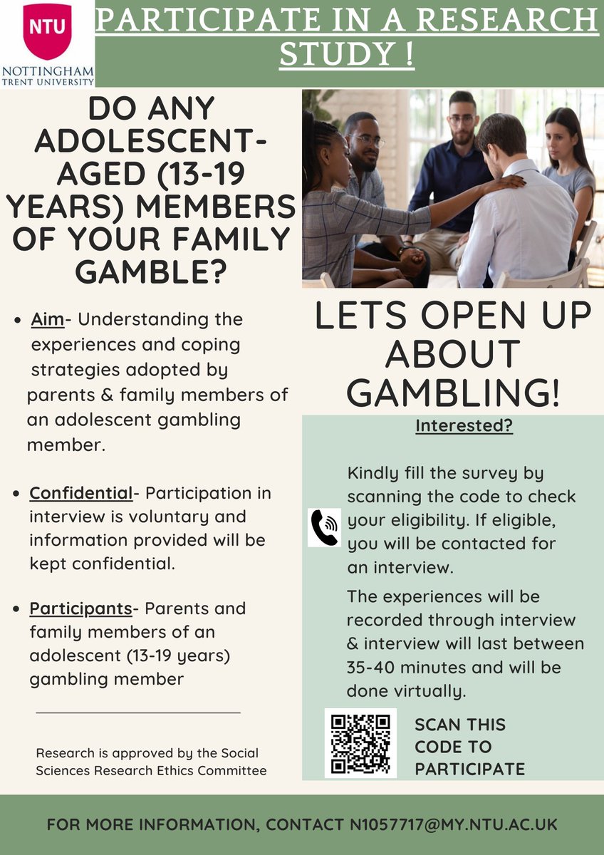 KritiKaushal21's tweet photo. Hi ๐
I'm a master's student conducting research to understand the experiences of families affected by adolescence gambling.
If interested, kindly fill your details by going to the link & you will be contacted for an interview.
#LetsOpenUpAboutGambling
https://t.co/P8YXjjbXK4 https://t.co/VWZdHyEmXk