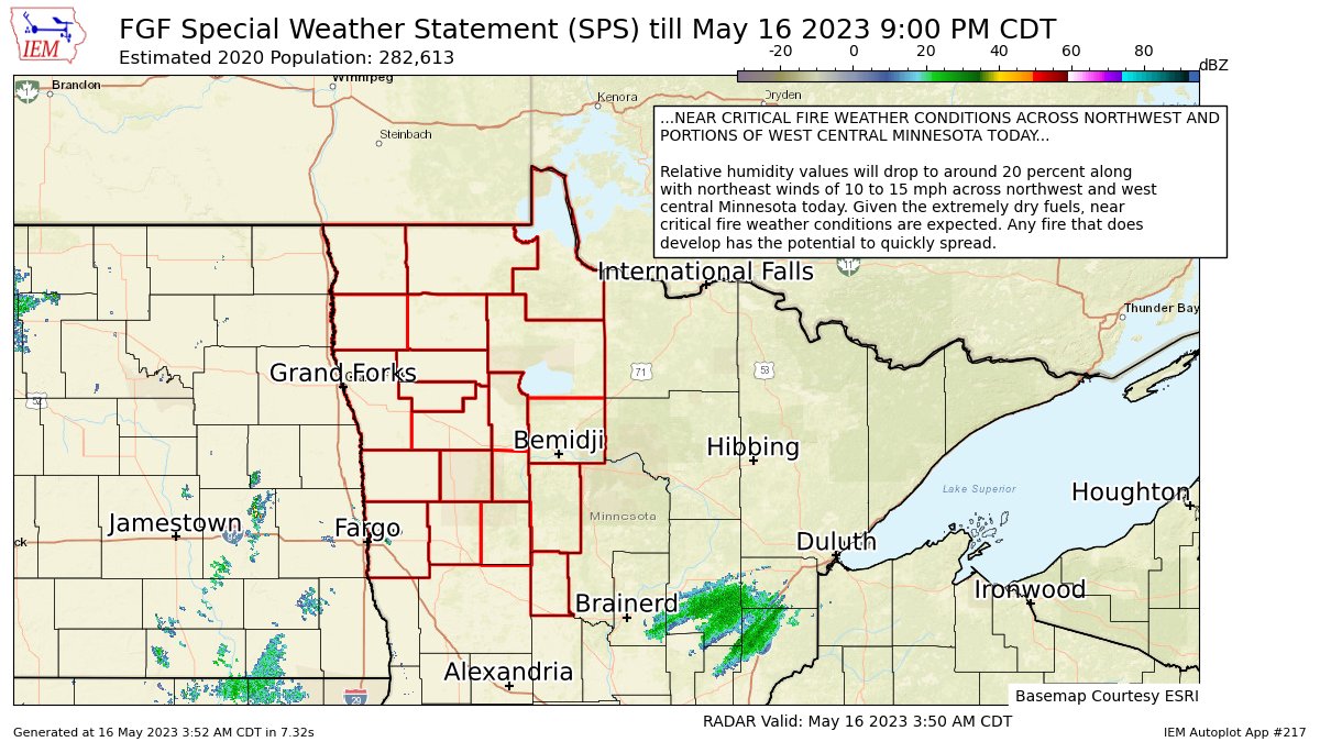 NEAR CRITICAL FIRE WEATHER CONDITIONS ACROSS NORTHWEST AND PORTIONS OF WEST CENTRAL MINNESOTA TODAY for Clay, East Becker, East Marshall, East Polk, Hubbard, Kittson, Lake Of The Woods, Mahnomen, Norman, North Beltrami, North Clearwa... till 9:00 PM CDT https://t.co/dPmgQRJ1ph https://t.co/lUo8FImVe9