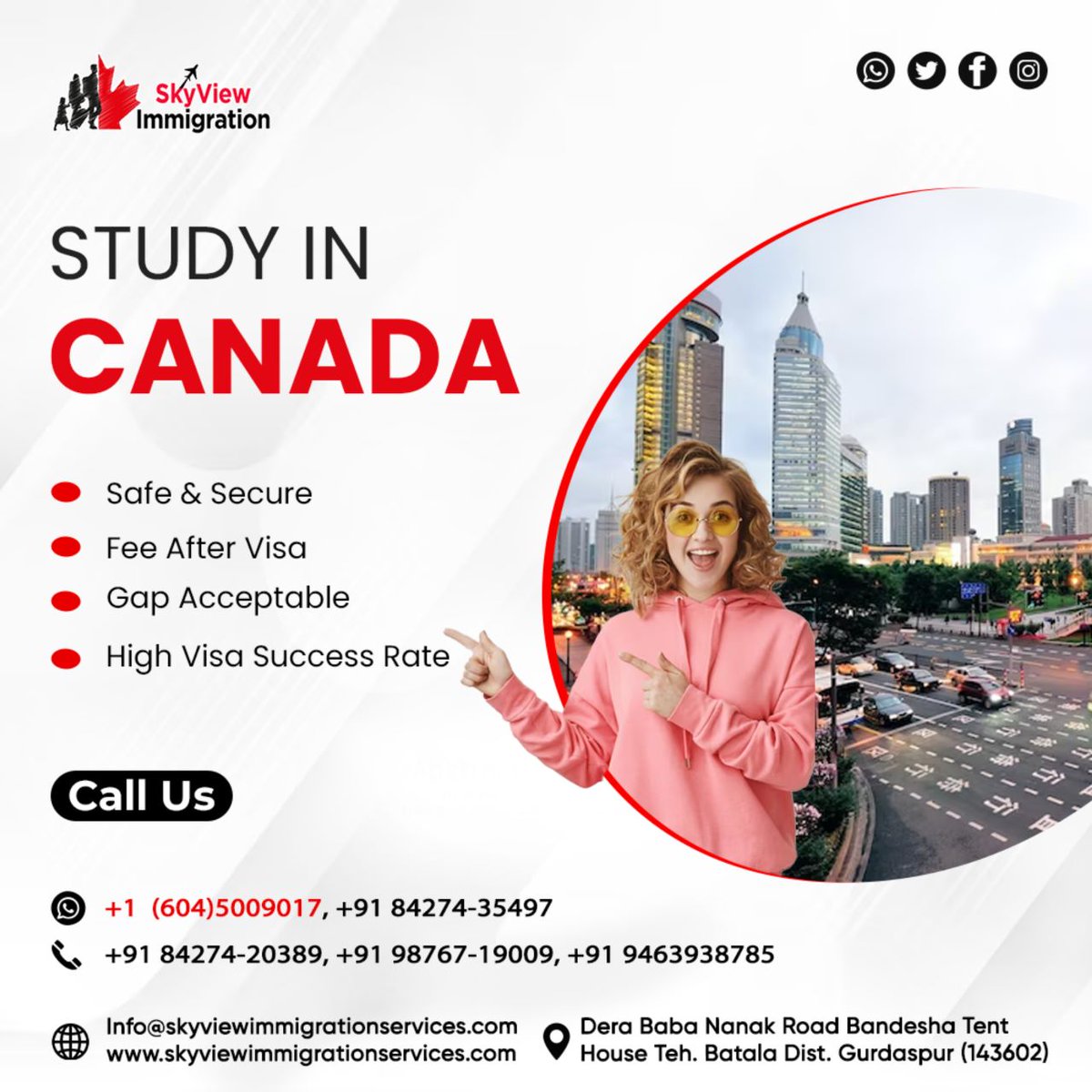 Study In Canada!
Call Now
+91 98767-19009
+91 84274-20389
+91 94639-38785
+91 62842-42744
Email: info@skyviewimmigrationservices.com
Visit Us: skyviewimmigrationservices.com
#skyviewimmigration #studyingabroad  #canadastudyvisa #DreamWorks #canadastudy #successmindsets #successtimes