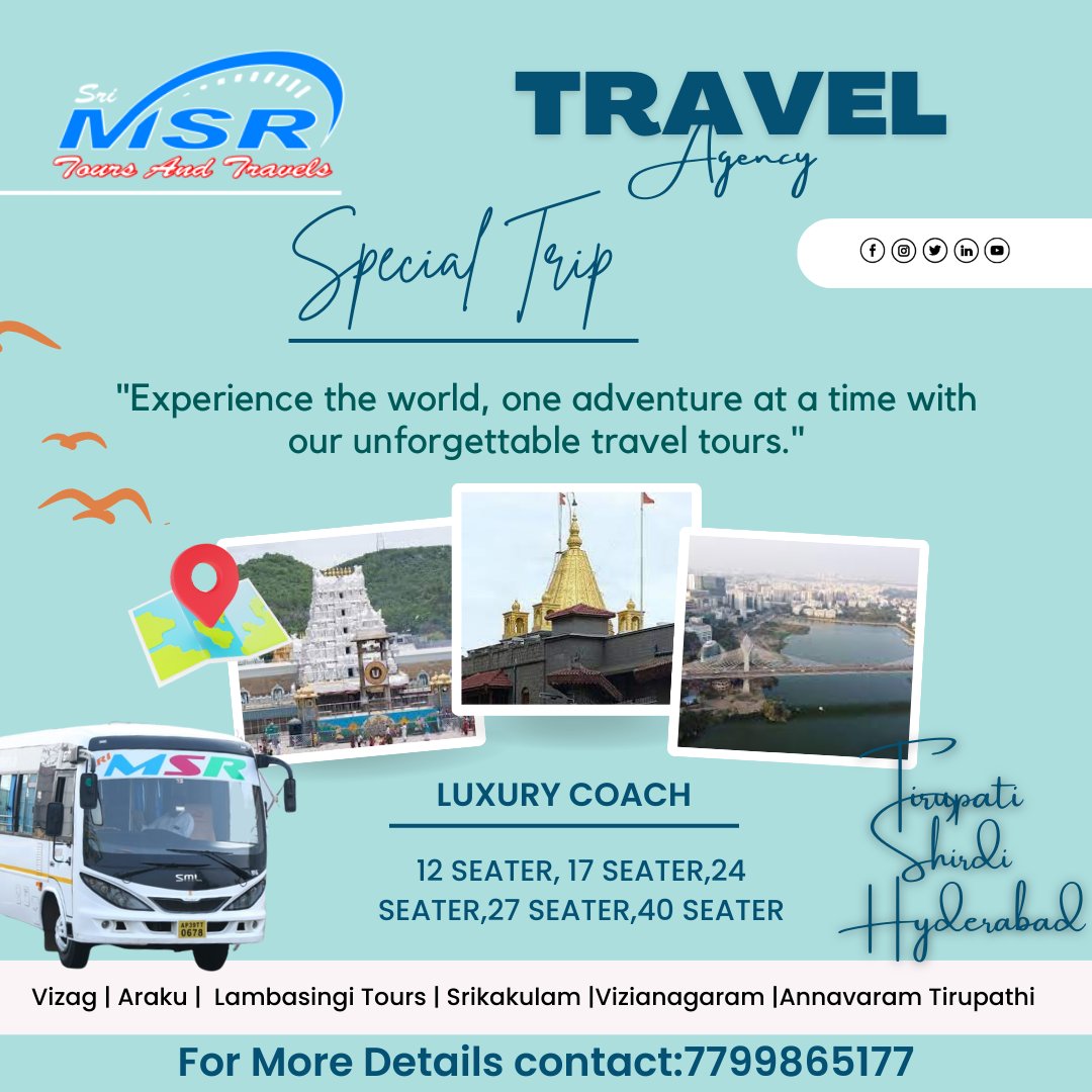 srimsrgroup's tweet photo. "Experience the world, one adventure at a time with our unforgettable travel tours."
LUXURY COACH
12 SEATER, 17 SEATER,24 SEATER,27 SEATER,40 SEATER
Special Packages for
βΊ SHIRDI
TIRUPATI
Contact number: 7799865177
Website: https://t.co/YpECDSqITq
#TravelServices #msrtours # https://t.co/zXfbIGjmaV