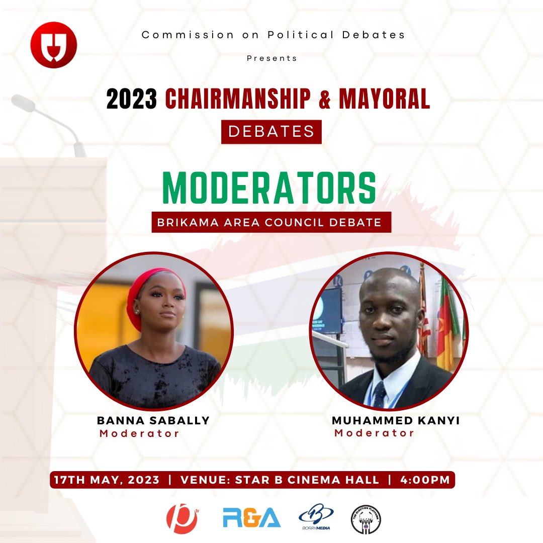 It's all confirmed for the Chairmanship Debate at the Brikama Area Council. Our moderators are Banna Sabally and Muhammed Kanyi.

What questions do you have for Yanks Darboe and Ahmad Gitteh?

🗓️ 17th  May, 2023
⏰ 4:00PM
📍 Star B Cinema Hall