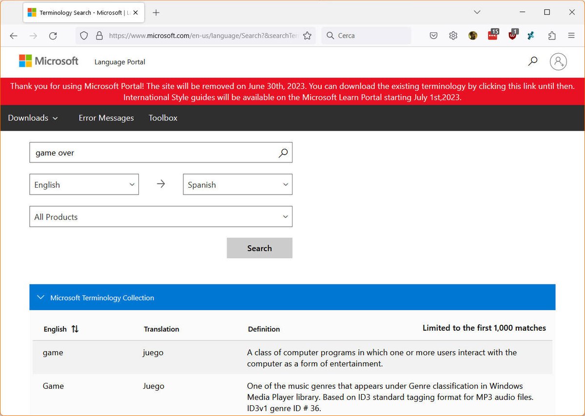 Recordatorio:
El 30 de junio dejará de estar disponible la base de datos terminológica de #Microsoft, y ya no podremos servirnos de esta valiosa herramienta en línea.
Eso sí, puedes descargarte los paquetes para tus idiomas y guardarlos como referencia.

microsoft.com/en-us/language