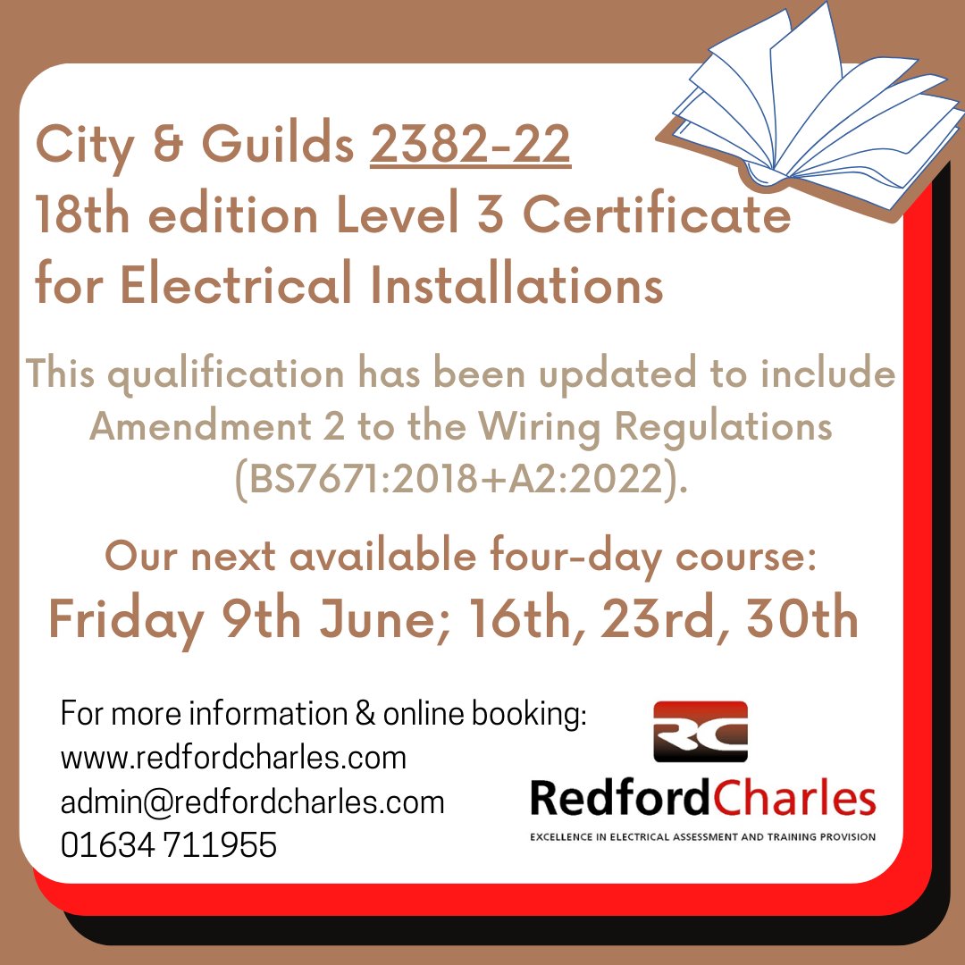 Booking for June! Secure your place today for the next 2382-22 18th Edition City & Guilds course.

#2382 #cityandguilds #electricaltraining #electrician #electrical #trainingcourses #training #redfordcharles #june #Course