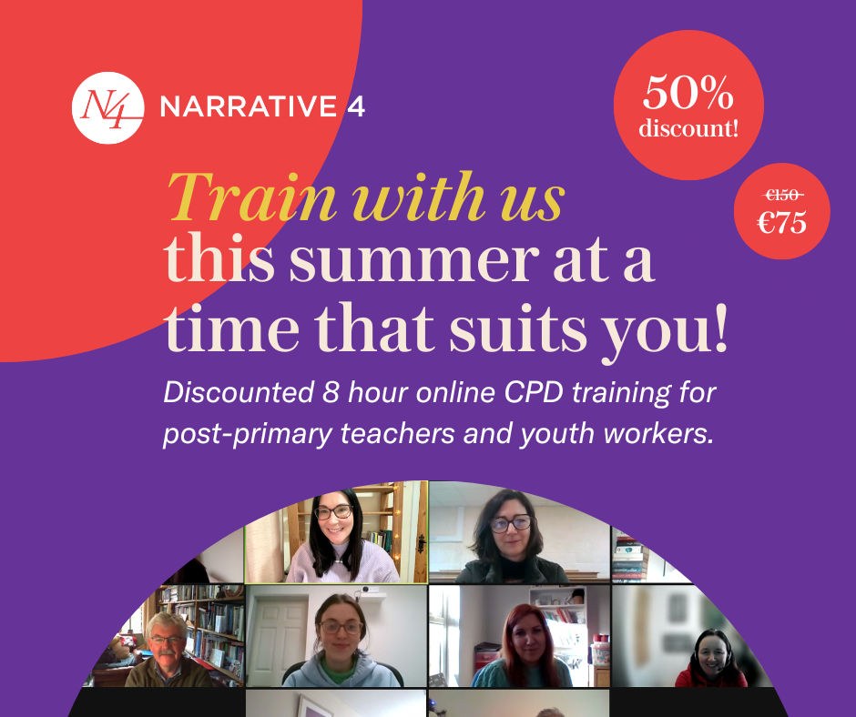 Narrative4_IRL's tweet image. ☀ Summer Training Discount! ☀

​​Are you a post-primary teacher or youth worker who believes in the importance of empathy? Bring the power of storytelling to your group with a huge 50% discount on our online CPD training!

Click here to sign up now: narrative4.ie/train-as-a-fac…