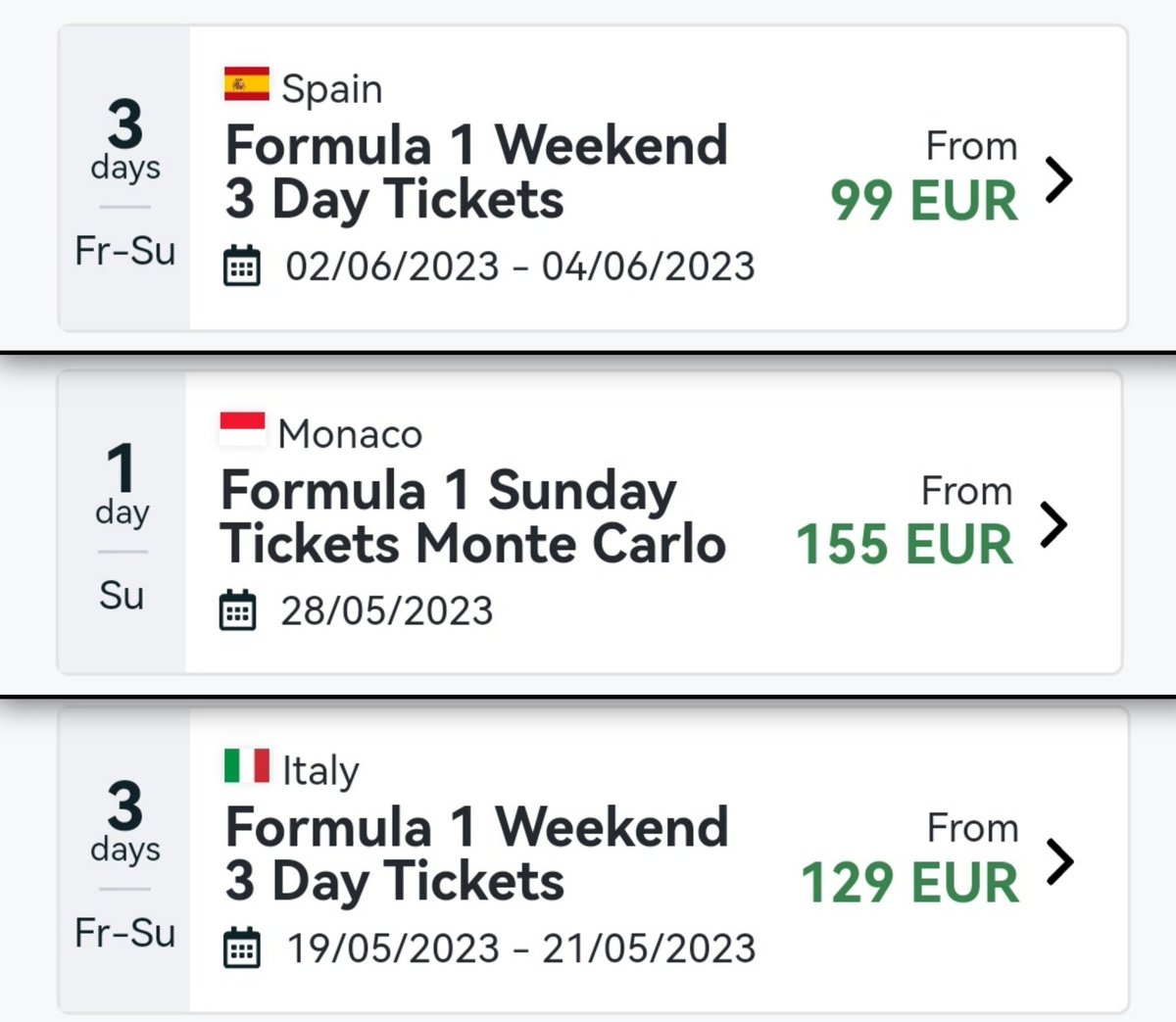 fastpitstop's tweet photo. There are still tickets available for Imola, Monaco and Barcelona.

Interesting to see that F1 is struggling to sell tickets even with a discount. https://t.co/BuPyyJ90wv