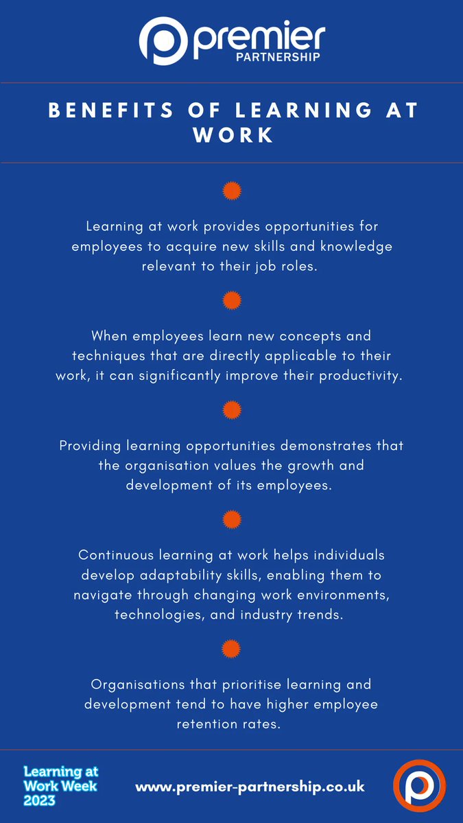 PremPartnership's tweet image. 💡 Learning at work enhances employee skills, productivity, engagement, adaptability, and retention, ultimately contributing to the organisation's success. 

View our core skills courses: buff.ly/3LLIJrg 

#LearningAtWorkWeek2023 #ThinkFuture #LifelongLearning