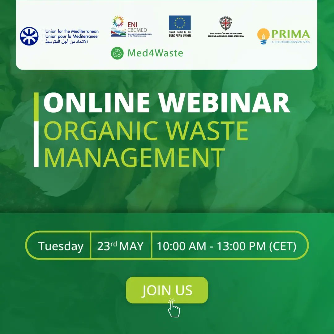 Join our webinar on #OrganicWaste management. Expand your knowledge and learn about sustainable practices.

📆 Tuesday 23rd of May, from 10 am till 13 pm (CET) 
🔗 buff.ly/3M9eZVy 

@ENICBCMed @UfMSecretariat @primaprogram 
#GOMED #WasteManagement #DontWasteTheFuture