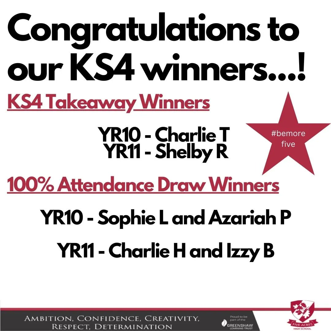 FiveAcresHigh's tweet photo. Congratulations to our KS4 #attendance winners! We're super #proud of everyone who comes into school every day and makes the most of the #opportunities available to them.
#EveryDayCounts #BetterChanceOfSuccess #BeMoreFive https://t.co/3pYxXzjv2U